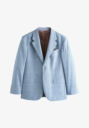 Sacou bărbătesc în carouri albastru deschis cu nasture unic, revere decupate, buzunare cu clapetă și batistă de buzunar cu model, complet căptușit în maro.