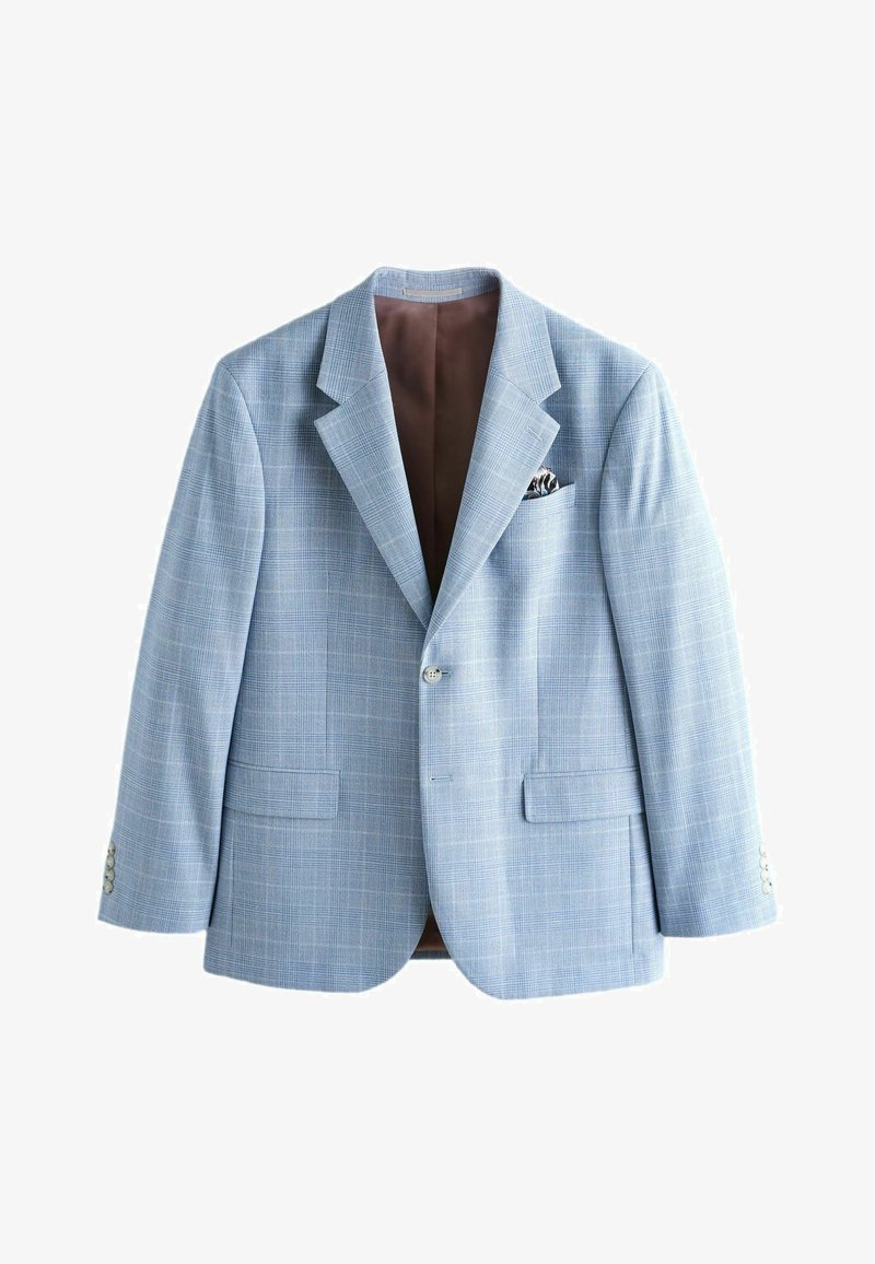 Világoskék kockás férfi blézer egysoros gombbal, bevágott hajtókával, zsebfedőkkel és mintás zsebkendővel, teljesen barna béléssel.