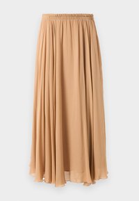 Maxi skirt in light beige, made of flowy fabric. Features a gathered elastic waistband and soft pleats for movement.