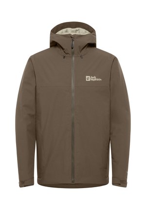 Braune wasserdichte Jacke mit einem durchgehenden Reißverschluss, verstellbarer Kapuze und Logo auf der oberen Brust. Verfügt über elastische Bündchen und eine glatte Textur.