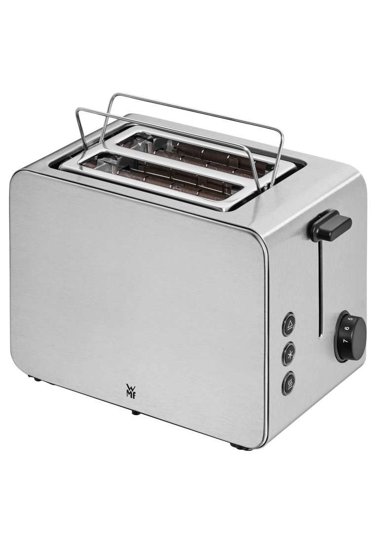 Grille-pain en acier inoxydable à deux fentes, avec un tiroir à miettes amovible, un bouton de réglage du brunissage et des boutons pour les réglages de réchauffage et d'annulation.