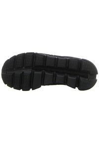 Schwarze Sneaker-Sohle mit einer strukturierten Gumm Oberfläche, die über ausgeprägte Rillen und erhabene Bereiche für Traktion und Grip verfügt.