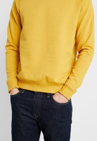 Gul sweatshirt med långa raglanärmar, ribbade manschetter och nertill, matchad med mörkblå denimjeans, händerna i fickorna. Slät textur.