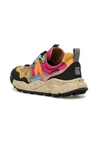 Colorful outdoor sneakers with a mix of pink, orange, and yellow uppers, a black toe cap, and a speckled beige sole. Waterproof design.
