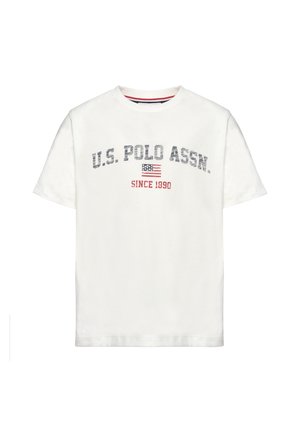 T-shirt bianca a maniche corte con scritta "U.S. Polo Assn.", piccolo disegno della bandiera americana e la scritta "Since 1890" stampata sul davanti.