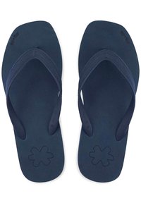 Blue rubber flip-flops with a textured strap and a molded floral pattern on the footbed; sizes marked on the sole.