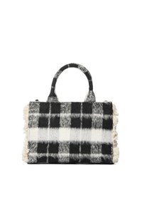 Geruite wollen handtas met franjes in zwart-wit. Voorzien van twee ronde handvaten en een rechthoekige vorm.