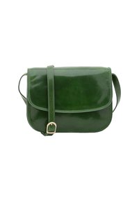 Borsa a tracolla verde in pelle con finitura lucida, forma rettangolare, chiusura a flap, tracolla regolabile e dettaglio con fibbia in ottone.