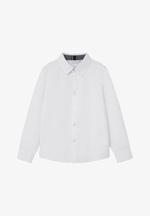 Hvit skjorte med lange ermer og knappestolpe, klassisk krage og avrundet kant. Laget av glatt bomullsstoff med subtil tekstur.