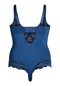 Blå bodysuit med blondekant, justerbare stropper og hægte- og øjeblukning, med en blondeskæring på ryggen.