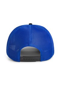 Blue mesh baseball cap with a solid back, adjustable strap, and a small circular button on top. Textured surface with prominent stitching.