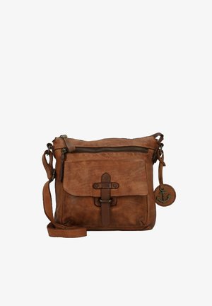 Sac en cuir brun à porter en bandoulière avec une poche avant, fermeture à glissière, bandoulière réglable et un charm rond avec un motif d'ancre.