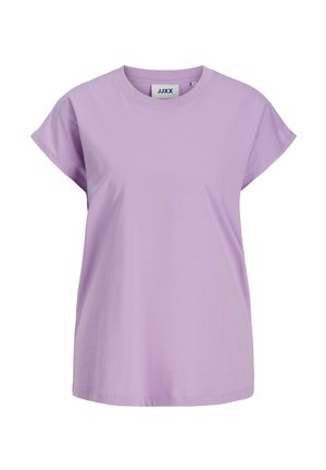 T-shirt corta viola in cotone. Presenta un collo rotondo e una vestibilità comoda con una texture liscia. Etichetta visibile all'interno del collo.