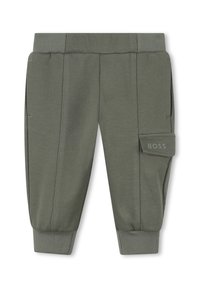 Olijfgroene peuter cargo broek met elastische tailleband en boorden, zijzakken en een klepzak met het label BOSS op het rechterbeen.