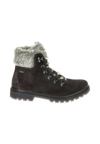 Ciemnoszare zamszowe botki za kostkę z futrzanym mankietem, metalowymi oczkami i sznurowaniem. Wytrzymała gumowa podeszwa z bieżnikiem.