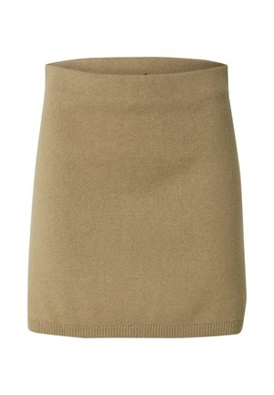 Lichtbruine gebreide mini-jurk met een gladde textuur, een aansluitende tailleband en een strak, eenvoudig ontwerp met een geribbelde zoom.