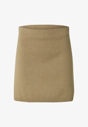 Light brown knit mini skirt with a smooth texture, a fitted waistband, and a clean, simple design featuring a ribbed hem.