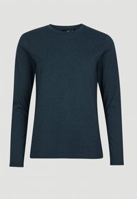 Mörkblå långärmad tröja med rund hals och enkel design, uppvisad mot en ljusgrå bakgrund.