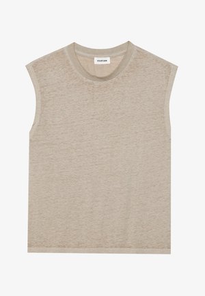 Beżowy bezrękawnik wykonany z lekkiego, miękkiego materiału. Posiada okrągły dekolt i lekko luźny krój, bez widocznych wzorów czy ozdób.