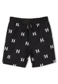 Μαύρο μαγιό βερμούδα με ελαστική μέση και κορδόνι, διακοσμημένο με επαναλαμβανόμενο λευκό λογότυπο σε όλο το ύφασμα. Ελαφρύ υλικό.