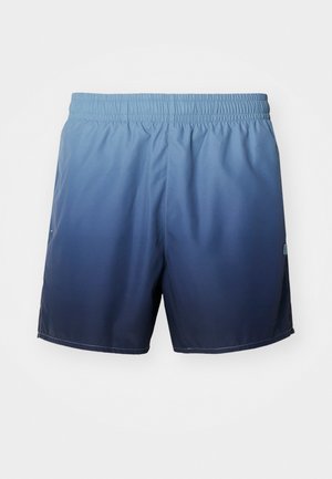 Námornícke modré plávacie šortky s elastickým pásom, vyrobené z hladkého, ľahkého materiálu; obsahujú nenápadný gradient a šité detaily.