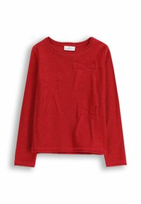 Czerwony dziany sweter z długimi rękawami, okrągłym dekoltem oraz teksturowanymi aplikacjami w kształcie kokard na przodzie. Miękka tkanina w jednolitym kolorze.