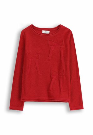 Czerwony dziany sweter z długimi rękawami, okrągłym dekoltem oraz teksturowanymi aplikacjami w kształcie kokard na przodzie. Miękka tkanina w jednolitym kolorze.