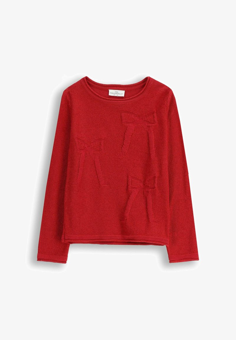 Czerwony dziany sweter z długimi rękawami, okrągłym dekoltem oraz teksturowanymi aplikacjami w kształcie kokard na przodzie. Miękka tkanina w jednolitym kolorze.