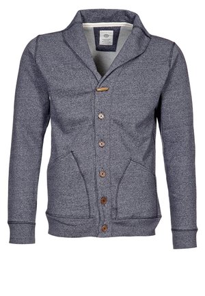 Grey button-up cardigan with shawl collar, long sleeves, two front pockets, and mixed wooden and fabric buttons.