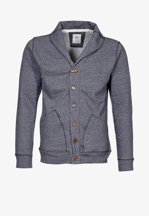 Graue Strickjacke zum Knöpfen mit Schalkragen, langen Ärmeln, zwei vorderen Taschen und gemischten Holz- und Stoffknöpfen.