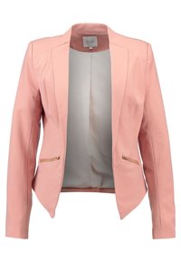 Blazer rose clair avec un design structuré, comprenant des manches longues, un col cranté et des poches avant zippées. Finition en tissu lisse.
