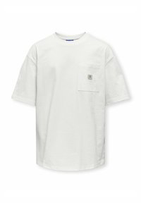 Witte katoenen t-shirt met korte mouwen, een ronde hals en een linkse borstzak met een klein logo-embleem. Soepele textuur.