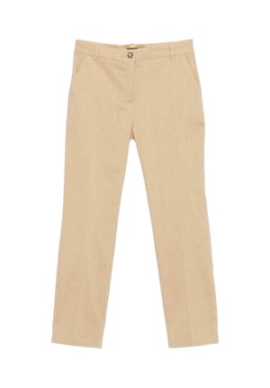 Pantaloni beige a gamba dritta con tasche frontali, passanti per cintura e chiusura con bottone in vita.