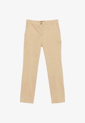 Pantaloni beige a gamba dritta con tasche frontali, passanti per cintura e chiusura con bottone in vita.