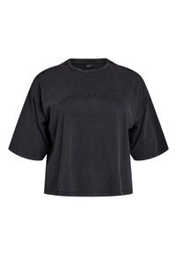 Sort cropped t-shirt lavet af blødt bomuld med korte ærmer, der har en rund halsudskæring og præget tekst på forsiden.