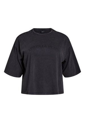 Black cropped t-shirt made of soft cotton with short sleeves, featuring a rounded neckline and embossed text on the front.