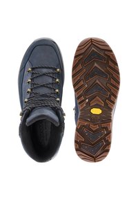 Blauwe wandelschoen met zwart-witte veters naast een zool met diepe noppen en een geel Vibram Arctic Grip-logo op een witte achtergrond.