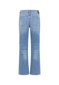 Ljusblå denimfärgade utsvängda jeans med midjehöjd, två bakfickor och blekningsdetaljer längs benen och sömmarna.