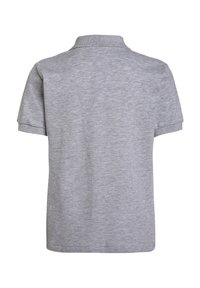 Polo grigio a maniche corte in un tessuto a maglia testurizzato con colletto a coste e orlo pulito. Nessun marchio o logo visibile. Visto da dietro.