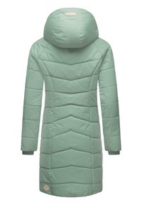 Myntegrøn puffy frakke med hætte, med et chevron-quiltet mønster, lange ærmer og ribbede manchetter. Etikette detaljer ved kanten.