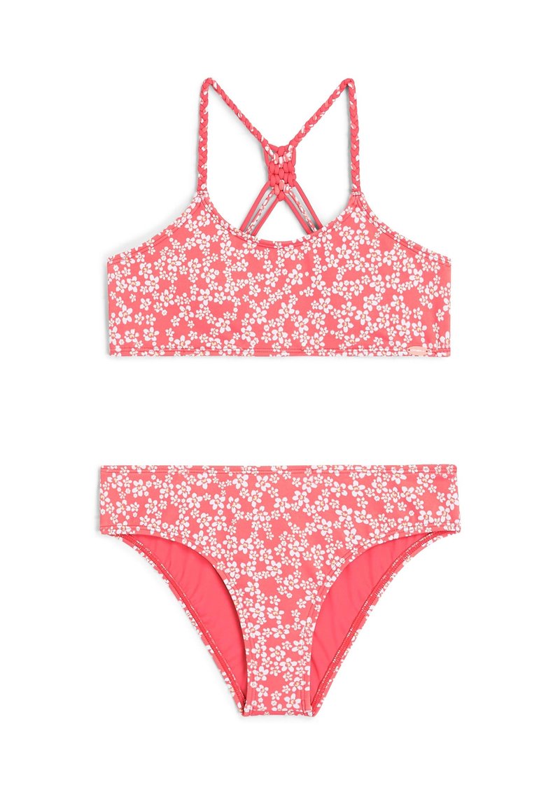Korallbikini med vitt blommönster; toppen har korskorsade band och en solid kant; botten har en sömlös design.