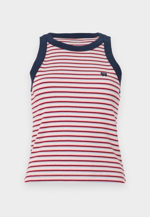 Hihaton paita, jossa on punaisia, valkoisia ja sinisiä vaakaraitoja, ja tummansiniset reunukset kaula-aukossa ja kädenteissä. Pehmeä ribbitekstuuri.