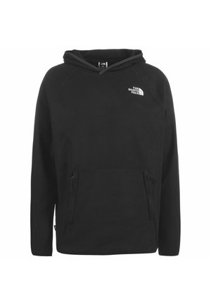 Czarna bluza z kapturem i długimi rękawami, przednie kieszenie na suwak oraz małe białe logo The North Face po lewej stronie klatki piersiowej.