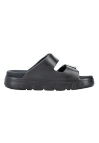 Schwarze Rutsch-Sandale mit einer strukturierten Oberseite, zwei breiten Riemen und einer gepolsterten Sohle. Die Sohle hat ein rutschfestes Muster. Leicht und offen im Design.