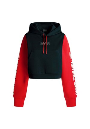 Gekürzter Hoodie mit schwarzem Körper und roten Ärmeln, einer Fronttasche und Logoprint. Aus weichem Stoff mit Kapuze und Kordelzug gefertigt.