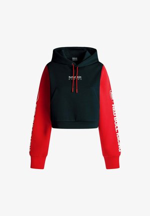 Gekürzter Hoodie mit schwarzem Körper und roten Ärmeln, einer Fronttasche und Logoprint. Aus weichem Stoff mit Kapuze und Kordelzug gefertigt.