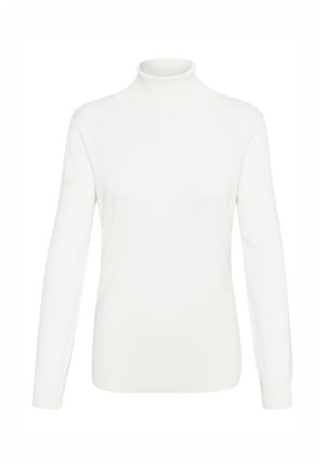 Baltas golfas megztinis iš minkštos megztos medžiagos. Turi ilgus rankovėlius ir aptemptą siluetą, iškirptė su briaunuotu raukiniu ir apačia.