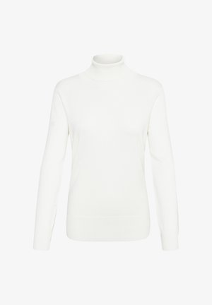 Bel pulover z visokim ovratnikom, narejen iz mehkega pletenega blaga. Ima dolge rokave in oprijet kroj, z rebrastim ovratnikom in spodnjim robom.