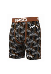 Boxeri negri cu un model geometric alb și marron, având o talie elastică marron cu textul logo alb.