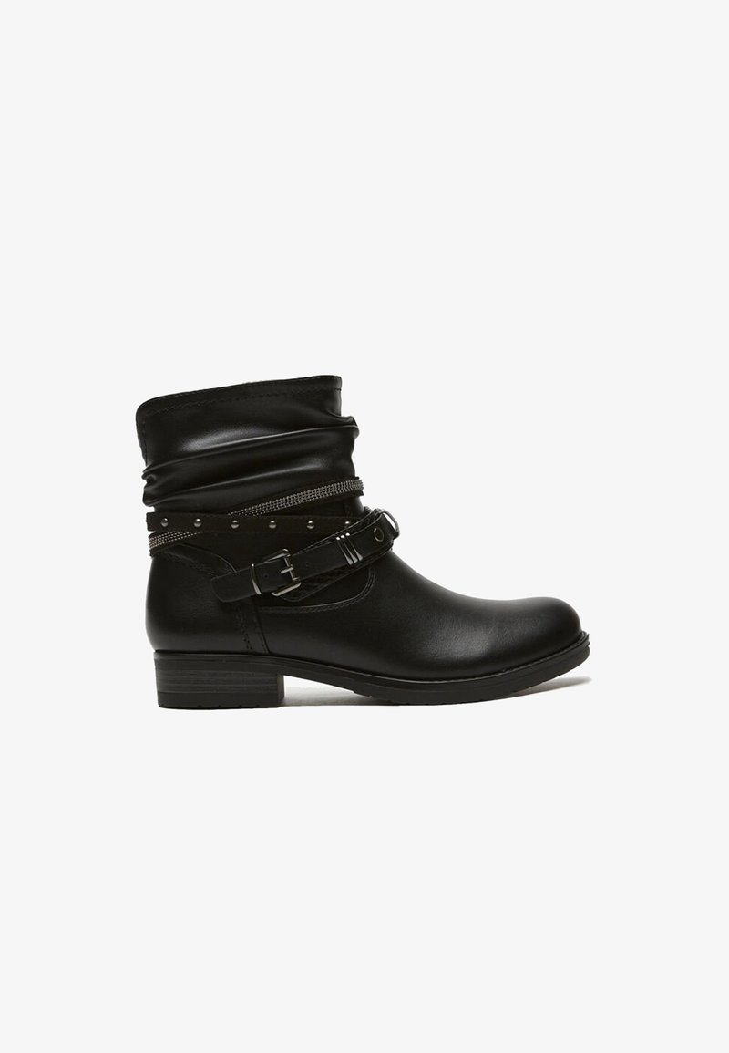 Black leather ankle boots with a folded upper, decorative buckle, stud accents, and low block heel. Smooth texture and simple design.